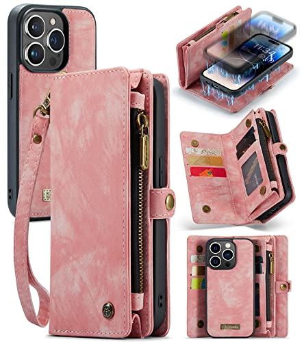 UFinetech iPhone 14 Pro Hülle, Flip Leder TPU Stoßfeste Kartenfach Tasche Handyhülle iPhone 14 Pro(6,1 Zoll), Magnetisch Klapphülle Kratzfest Abnehmbare Reißverschluss mit Band Schutzhülle Cover, Rosa von UFinetech