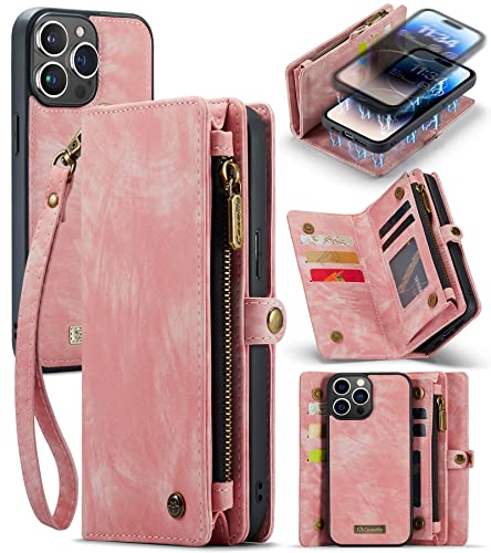 UFinetech iPhone 14 Pro Max Hülle, Flip Leder TPU Stoßfeste Kartenfach Tasche Handyhülle iPhone 14 Pro Max (6,7 Zoll), Magnetisch Kratzfest Abnehmbare Reißverschluss mit Band Schutzhülle Cover, Rosa von UFinetech