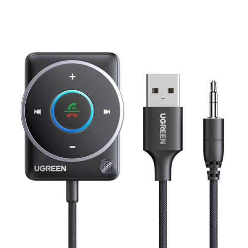 UGREEN Aux Bluetooth 5.4 Adapter Auto Bluetooth 3.5mm Klinke Empfänger Multifunktionstaste für Freisprechanruf und Wireless Musik, Dualverbindung, RGB Umgebungslicht, kompatibel mit Auto Stereoanlage von UGREEN