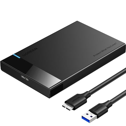 UGREEN Festplattengehäuse 2,5 Zoll USB 3.0 SATA Gehäuse für 2.5 Zoll SSD und HDD in Höhe 9.5mm 7mm Externe Festplatten Gehäuse unterstützt UASP HDD Case mit USB 3.0 Kabel, werkzeugfreie Montage von UGREEN