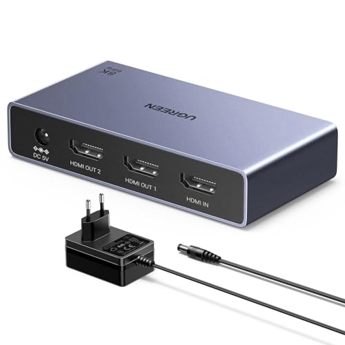 UGREEN HDMI Splitter 1 In 2 Out 8K@60Hz Dual Screen Ausgabe 3D/HDR-Bilder HDCP2.3 [Windows XP/7/8/8.1/10/11, MacOS, Linux, DVD, PS5/PS4/Xbox/Switch, TV-Betrieb getestet] Beilage 5V2A Netzadapter von UGREEN
