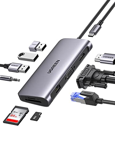 UGREEN Revodok USB C Docking Station Dual Display 10 IN 1 USB C Hub mit HDMI, VGA, 3X USB 3.0, PD 100W, Gigabit Ethernet, 3.5mm Aux, SD/TF Kompatibel mit MacBook Pro/Air, Surface usw. von UGREEN