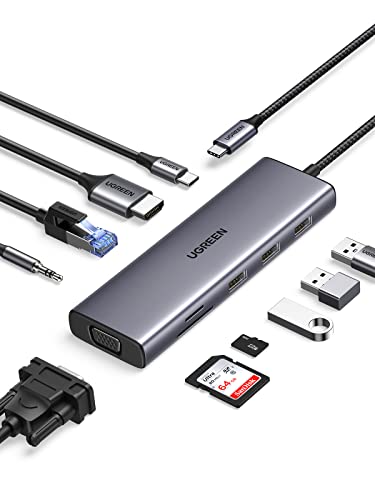 UGREEN Revodok USB C Docking Station Dual Display 10 IN 1 USB C Hub mit HDMI, VGA, 3X USB 3.0, PD 100W, Ethernet, 3.5mm Aux, SD/TF Kompatibel mit MacBook Pro/Air, Surface, Dell, Lenovo, HP usw. von UGREEN