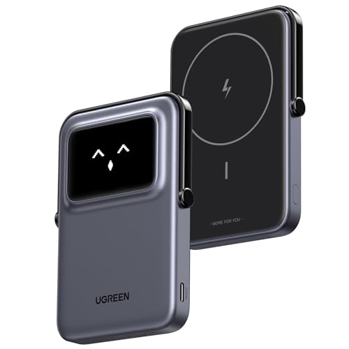 UGREEN UNO Wireless Power Bank 5000mAh Magnetische Powerbank mit faltbarem Ständer und TFT-Display, 20W USB-C Schnellladung & 7.5W kabellos Magsafe kompatibel mit iPhone 16-12 Serie(Schwarz) von UGREEN