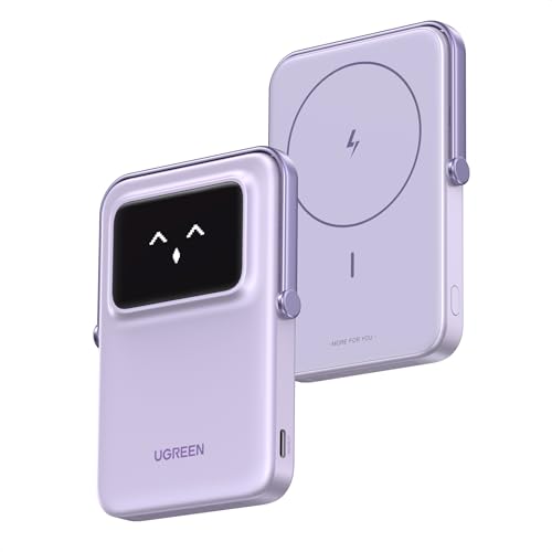 UGREEN UNO Wireless Power Bank 5000mAh Magnetische Powerbank mit faltbarem Ständer und TFT Display, 20W USB-C schnellladen, 7.5W MagSafe kompatibl mit iPhone 12-16 Serie (Lila) von UGREEN