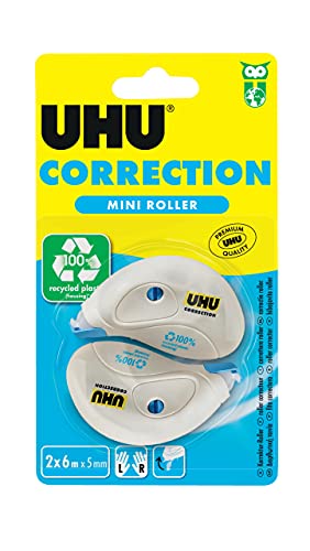 UHU Correction Roller Mini, Handliche Korrekturroller zum schnellen, sauberen und zeilengenauen Korrigieren von Texten, weiß deckend, 6 m x 5 mm von UHU