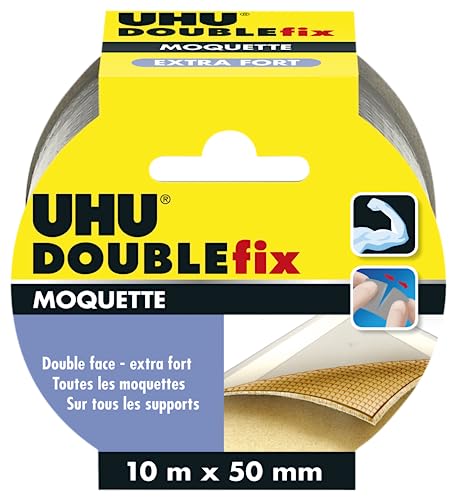 UHU Doublefix Doppelseitiges Klebeband, extra stark, für Teppichböden und Teppiche, 10 m x 50 mm von UHU