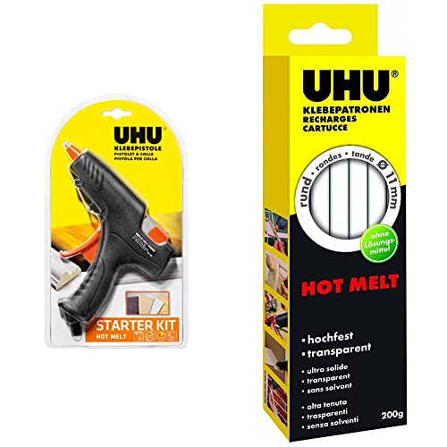 UHU Heißklebe-Set - Heißklebepistole Hot Melt Starter-Kit mit Hot Melt transparenten Klebepatronen, 11 mm Durchmesser, 200 g, transparent UHU Heißklebe-Set - Heißklebepistole Hot Melt Starter-Kit mit Hot Melt transparenten Klebepatronen, 11 mm Durchmesser, 200 g, transparent von UHU