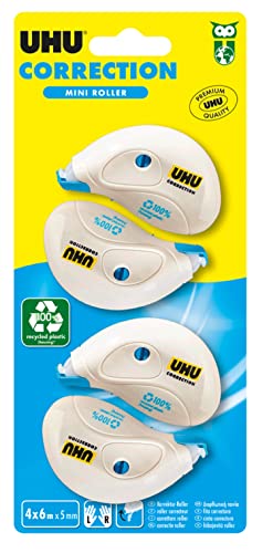 UHU Korrekturroller Mini – schnelles, sauberes und präzises Korrekturband, weiß, 4 Stück, 6 m x 5 mm von UHU
