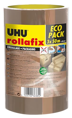 UHU Rollafix Packband, Hochwertiges Verpackungsklebeband, braun, 3 x 50m von UHU