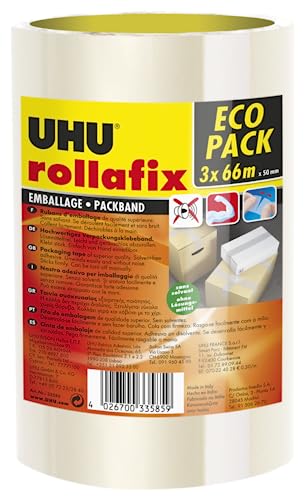 UHU Rollafix Verpackungsklebeband, transparent, 3 Stück, 66 m x 50 mm von UHU