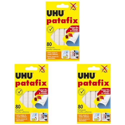 UHU patafix, wieder ablösbare und verwendbare Klebepads, weiß, 80 Stück (Packung mit 3) von UHU