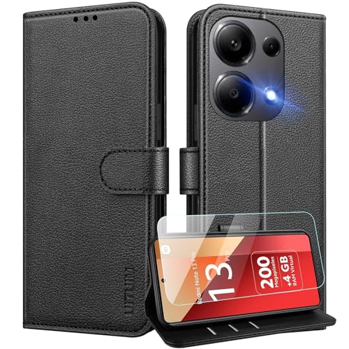 UITUIM Handyhülle für Xiaomi Redmi Note 13 Pro 4G (Nicht für 5G) Klapphülle Leder Hülle mit Panzerglas Schutzfolie Flip Case Cover Klappbar Schutzhülle Handytasche für Redmi Note 13 Pro 4G,Schwarz von UITUIM