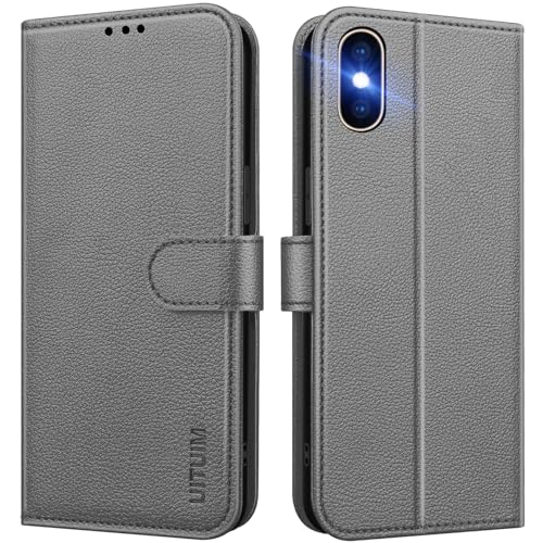 UITUIM Handyhülle für iPhone X/iPhone XS, Klapphülle Leder Hülle Klappbar Flip Case Cover mit Magnet Kartenfach Geldbörse Ständer Tasche Etui Schutzhülle Handytasche für iPhone X/iPhone XS,Grau von UITUIM