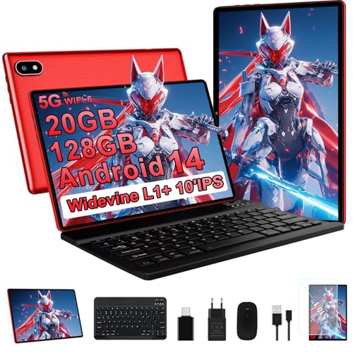 Tablet 10 Zoll Android 14 Ultraschnelles PC mit, Widevine L1, 5G WiFi 6, Octa-Core, 20GB RAM + 128GB ROM (TF 1TB), FHD IPS, Doppelkamera, Bluetooth 5.0, 2025 Neueste Tablet mit Tastatur und Maus, Red von UJJ