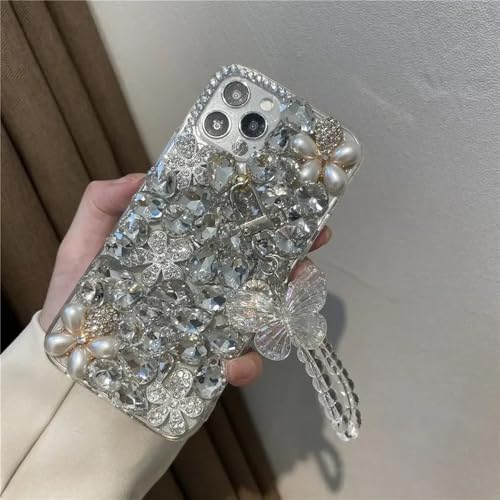 UJNHGQ Bling Diamond Bead Chain Mirror Strap Handyhülle für iPhone 15 14 X XR XS 13 11 Pro Max 12 Pro Cover, SILBER2, Für iPhone 15Promax von UJNHGQ