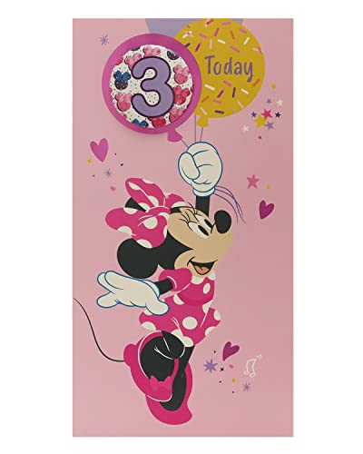 UK Greetings Disney Geburtstagskarte zum 3. Geburtstag für sie/Mädchen, mit Umschlag – Abzeichen-Design – mit Minnie Maus, 121 mm x 229 mm von UK Greetings
