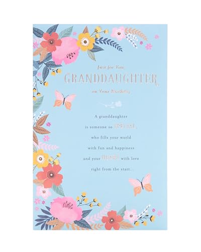 UK Greetings Geburtstagskarte für Enkelin – Blau und Blumen-Design – Thinking of You-Kollektion von UK Greetings
