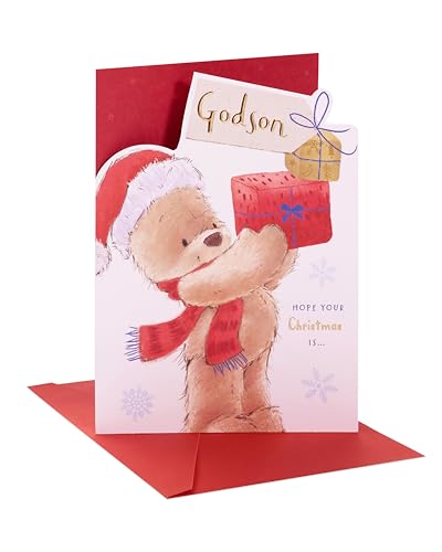 UK Greetings Godson Weihnachtskarte – an Patensohn Weihnachtskarte – Weihnachtskarte für Jungen – Festliches Teddybär-Design Multi, 616404-0-1 von UK Greetings