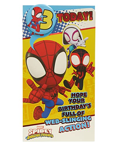 UK Greetings Marvel Geburtstagskarte zum 3. Geburtstag für Ihn/Jungen, mit Umschlag – Abzeichen-Design – mit Spider-Man, mehrfarbig, 121 mm x 229 mm von UK Greetings