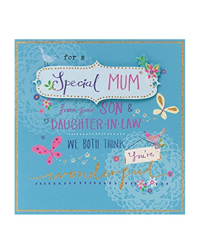 UK Greetings Muttertagskarte von Sohn & Schwiegertochter mit Umschlag, glitzerndes Design, Blau von UK Greetings