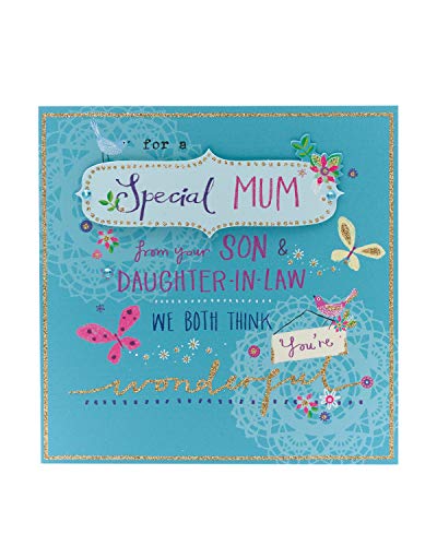 UK Greetings Muttertagskarte von Sohn & Schwiegertochter mit Umschlag – Blau & Glitzer-Design von UK Greetings