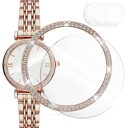 UKCOCO Kompatibel Für Galaxy Watch 4 42 Mm Uhrenlünette + Glas-Displayschutzfolie Glitzernde Strasssteine Metall-Lünettenabdeckung Für Damen (1 + 4 Stück) von UKCOCO