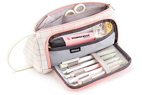 UKKD Mäppchen Bleistifthalter Schreibtisch Bürobedarf Kawaii Briefpapier-Schule-Bleistift-Beutel-Geschenk-Feder-Kasten Mit Hohen Kapazität Bleistift-Kasten-Beutel,Rosa Kariertes von UKKD