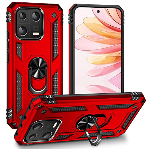UKLCCU Hülle für Xiaomi 13 Handyhülle, [Echter Militärschutz] Stoßfeste Kratzfeste Schutzhülle Cover Case Metall Ring Ständer Handy Hüllen - Rot von UKLCCU