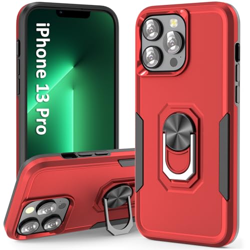 UKLCCU für iPhone 13 Pro Hülle Apple iPhone 13 Pro Hülle, Militär Stoßfest Handyhülle [Upgrade Version] 360° Metal Ring Halter Ständer Schutzhülle für iPhone 13 Pro 6.1"- Rot+Schwarz von UKLCCU