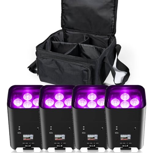 UKing 4er 108W RGBWA+UV Akku LED Par Scheinwerfer Wiederaufladbarer mit Tasche und Fernbedienung, APP/DMX partylicht Bühnenlicht für DJ disco Bar KTV Hochzeit von U`King