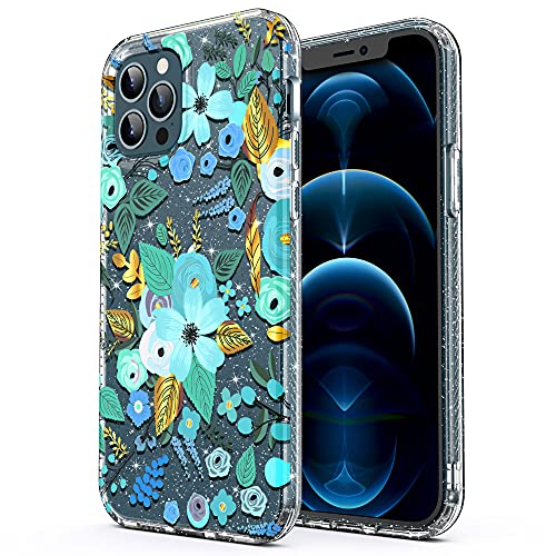 ULAK Clear Flower Case Kompatibel mit iPhone 12 Pro Max, Glitzer Sparkly Soft TPU Bumper Anti-Scratch & Shockproof Gemustert Schutzhülle Handyhülle für iPhone 12 Pro Max 6.7 Zoll, Blau von ULAK