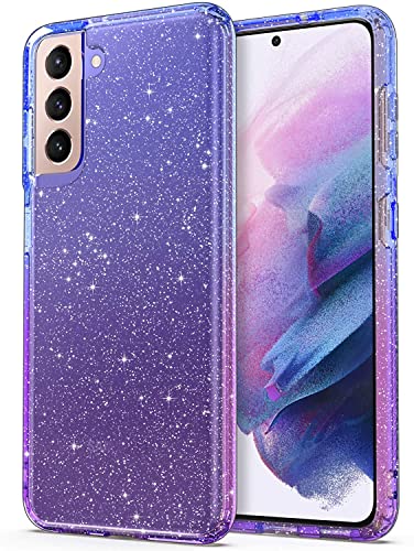 ULAK Glitzer Hülle kompatibel mit Galaxy S21, Durchsichtige Schutzhülle Hard TPU Bumper Handyhülle Stoßfest Phone Case für Samsung Galaxy S21 5G 6,2 Zoll - Blau/Lila von ULAK