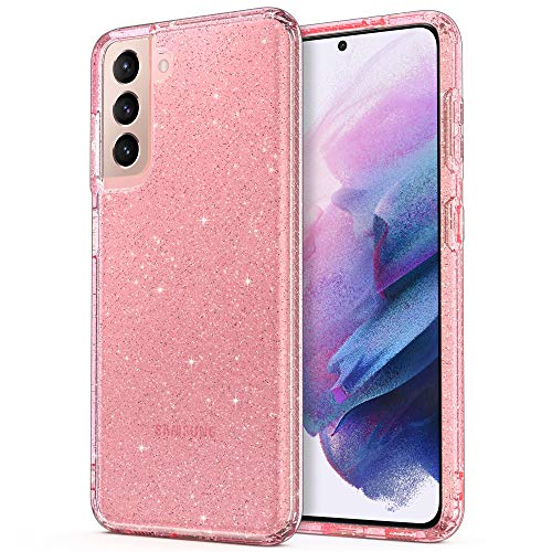 ULAK Glitzer Hülle kompatibel mit Galaxy S21, Durchsichtige Schutzhülle Hard TPU Bumper Handyhülle Stoßfest Phone Case für Samsung Galaxy S21 5G 6,2 Zoll - Rosa von ULAK