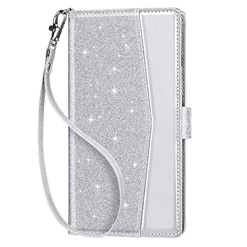 ULAK Handyhülle für Samsung Galaxy S23 Ultra Hülle Leder Schutzhülle Tasche Flip Case Standfunktion Kartenfach Klapphülle mit Stoßfest Magnetisch Cover für Samsung S23 Ultra 6,8 Zoll - Silber von ULAK