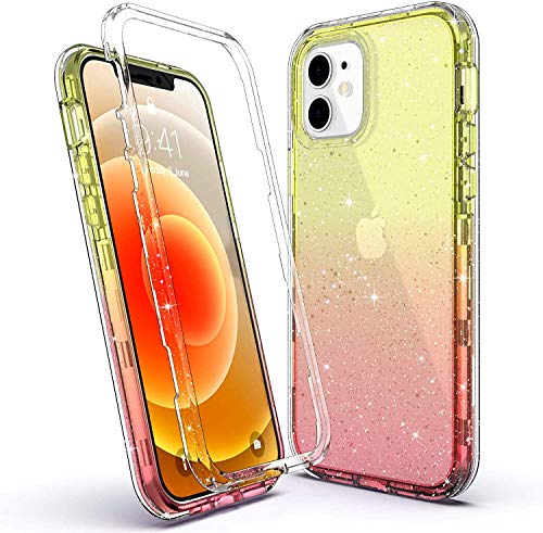 ULAK Handyhülle für iPhone 12/12 Pro Hülle Glitzer Durchsichtig Schutzhülle TPU Bumper Transparent Stoßfest Case Cover für iPhone 12 / iPhone 12 Pro 6,1 Zoll - Gelb Rosa von ULAK