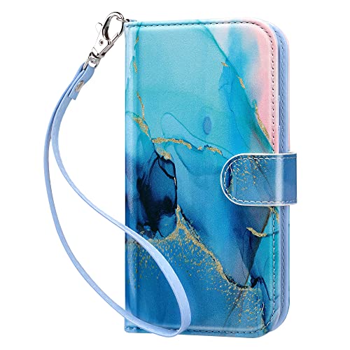 ULAK Handyhülle für iPhone 12/12 Pro Hülle Premium Leder Schutzhülle Tasche Flip Case Standfunktion Kartenfach Klapphülle mit Stoßfest Magnetisch Cover für iPhone 12/iPhone 12 Pro - Blau Marmor von ULAK