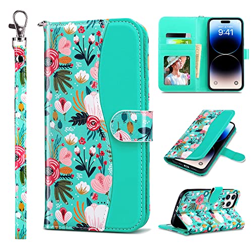 ULAK Hülle Kompatibel mit iPhone 14 Pro Max, Flip Hülle Leder PU Klapphülle Cover Tasche Brieftasche Schutzhülle Standfunktion Handyhülle Case für iPhone 14 Pro Max 6,7 Zoll - Bunte Blumen von ULAK