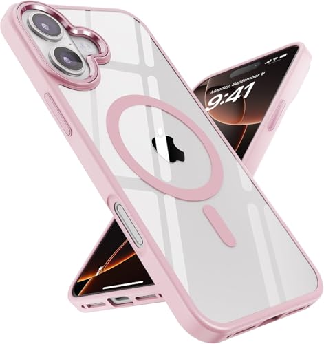 ULAK Magnetic für iPhone 16 Hülle, Durchsichtig [Anti-Gelb] Clear Schutzhülle Handyhülle TPU Bumper Transparent Case Cover für iPhone 16 - Rosa von ULAK