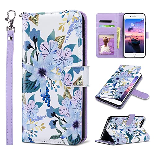 ULAK Wallet für iPhone 8 Plus Hülle, iPhone 7 Plus Lederhülle Flip Cover Tasche Brieftasche Schutzhülle Magnet Handyhülle Standfunktion Phone Case für iPhone 7 Plus/iPhone 8 Plus - Blüte Blau von ULAK