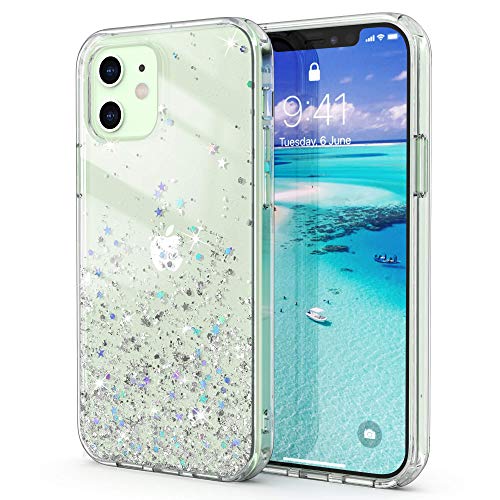 ULAK für iPhone 12/12 Pro Hülle Glitzer, Sparkle Sterne Glitter TPU Stoßfest Handyhülle Durchsichtig Bling Schutzhülle Phone Case Cover für iPhone 12/iPhone 12 Pro 6,1 Zoll - Silber Glitzer von ULAK