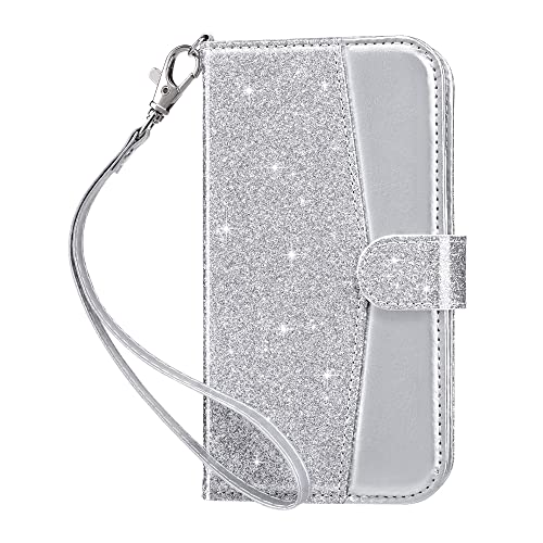 ULAK für iPhone 13 Hülle Flip Leder PU Klapphülle Cover Tasche Brieftasche Schutzhülle Standfunktion Handyhülle mit Kartenfächer Case für iPhone 13 6,1 Zoll - Silber Glitzer von ULAK