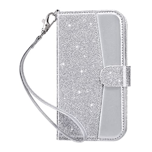 ULAK iPhone 12 Hülle, iPhone 12 Pro Flip Hülle Leder PU Klapphülle Cover Tasche Brieftasche Schutzhülle Standfunktion Handyhülle mit Kartenfächer Case für iPhone 12/12 Pro 6,1 Zoll - Silber von ULAK