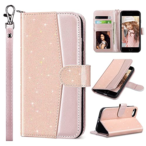 ULAK iPhone SE 2020/2022 Hülle, iPhone 8/7 Lederhülle PU Flip Cover Tasche Brieftasche Schutzhülle Magnet Handyhülle Stand mit Kartenfächer Case für iPhone 7/8/SE 2020/2022 - Rosa Glitzer von ULAK