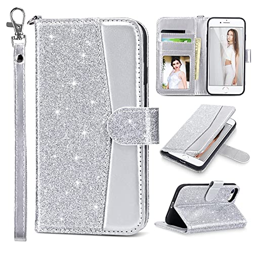 ULAK iPhone SE 2020/2022 Hülle, iPhone 8/7 Lederhülle PU Flip Cover Tasche Brieftasche Schutzhülle Magnet Handyhülle Stand mit Kartenfächer Case für iPhone 7/8/SE 2020/2022 - Silber Glitzer von ULAK