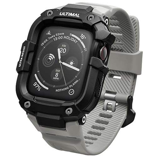 ULTIMAL Kompatibel mit Apple Watch Armband 44MM mit Gehäuse,Einstellbar Stoßfest Sportarmband, Rugged TPU Band,for iWatch Armband Series 4/5/6/SE/SE 2 44MM Grau von ULTIMAL