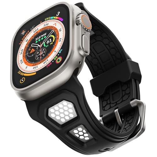 ULTIMAL Kompatibel mit Apple Watch Armband 49mm 46mm 45mm 44mm, Weicher TPE Band,Edelstahl Aushöhlen Design,Schnalle für iWatch Armband Ultra/9/8/7/6/5/4/3/2/1/SE (Schwarz) von ULTIMAL