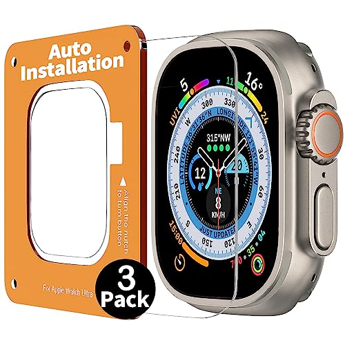 ULuck 3 Stück Schutzfolie Für Apple Watch Ultra 2/Ultra 49mm,3 Pack 9H gehärtetes Glas Bildschirmschutzfolie mit 3 Pack Auto Alignment Tool Kit Displayschutzfolie für iWatch von ULuck