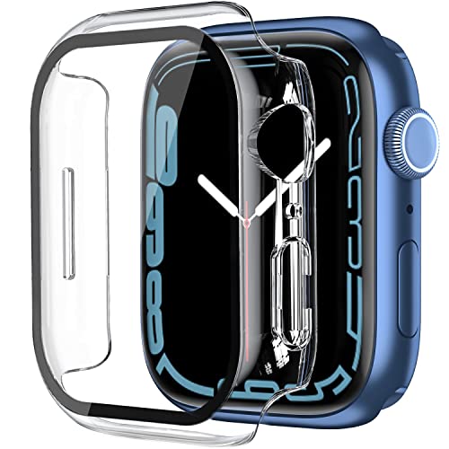 Uluck 2 Stück Hülle mit Displayschutz aus gehärtetem Glas, kompatibel mit Apple Watch Series 9/Series 8/Series 7 41mm, ultradünne Gesamtschutzhülle für Iwatch 41mm, Transparent von ULuck