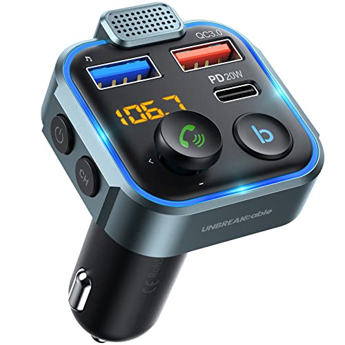 UNBREAKcable Bluetooth 5.0 FM Transmitter Auto Radio Adapter - 38W PD & QC3.0 Schnelles Autoladegerät, Blaue LED Backlit, Bass Verstärker, Freisprechfunktion, Siri und Google Assistant Unterstützung von UNBREAKcable